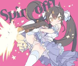  bare_shoulders black_hair blade_(galaxist) blue_ribbon blue_skirt blush brown_eyes closed_mouth commentary_request english_text female firing gloves gun hair_between_eyes hair_ribbon holding holding_gun holding_weapon idolmaster idolmaster_cinderella_girls knee_up long_hair matoba_risa mossberg_500 panties pink_background pump_action ribbon shirt shotgun simple_background skirt solo star_(symbol) starry_sky_bright_(idolmaster) thighhighs tiara twintails underwear very_long_hair weapon white_gloves white_panties white_ribbon white_shirt white_thighhighs 