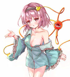  aqua_collar aqua_shirt arm_at_side black_headband blush breasts cleavage collarbone dot_nose eyelashes female frilled_shirt_collar frilled_sleeves frills hair_between_eyes hair_ornament headband heart heart_hair_ornament highres ikazuchi_akira komeiji_satori large_breasts long_sleeves looking_at_viewer naked_shirt off_shoulder one_breast_out open_hand open_mouth outstretched_arm pink_eyes pink_hair red_eyes shirt short_hair sidelocks simple_background solo standing string thighs third_eye touhou white_background wide_sleeves 