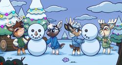  absurd_res antlers bijou blazer blue_eyes christmas_lights clothing deer detailed_background dexter_(disambiguation) fan_character flower freckles hi_res horn mammal orange_eyes plant rowan_(disambiguation) sketchy_skylar snowman sweater topwear tree winter 