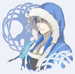  1boy blue_hair celtic_knot cropped_torso cu_chulainn_(caster)_(fate) cu_chulainn_(fate) earrings emya expressionless fate/grand_order fate_(series) fur_trim glowing glowing_eye hood hoodie jewelry male_focus muscular muscular_male pectorals ponytail red_eyes simple_background solo upper_body yggdrasil 