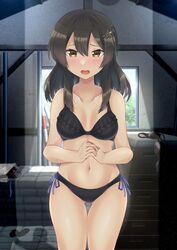  bikini black_bikini black_hair breasts female frilled_bikini frills grey_eyes hair_ornament hairclip highres kantai_collection looking_at_viewer medium_breasts open_mouth otobi own_hands_clasped own_hands_together oyashio_(kancolle) side-tie_bikini_bottom solo standing storage_room swimsuit thigh_gap vaulting_horse window 