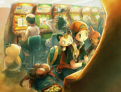  4boys arcade backwards_hat baseball_cap black_hair capri_pants chair charmeleon coin commentary_request female floating gloom_(pokemon) grey_eyes hat indoors jacket long_sleeves magnemite messy_hair multiple_boys pants pokemon pokemon_(creature) pokemon_frlg pokemon_on_back psyduck red_(pokemon) sandals sasakure_(mogunonbi) shirt shoes short_hair short_sleeves sitting sleeveless sleeveless_shirt white_shirt wristband 