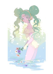  :o ass bare_shoulders blush border bouquet commentary_request double_bun falulu falulu_(awakened) female flower flower_request forehead_jewel frilled_one-piece_swimsuit frills from_side gloves green_hair grey_eyes hair_bun hair_up headphones heart highres holding holding_flower long_hair looking_at_viewer looking_to_the_side one-piece_swimsuit open_mouth oshiri_(o4ritarou) outdoors petals pretty_series pripara sidelocks solo strapless strapless_one-piece_swimsuit swimsuit wading water wavy_hair white_border 