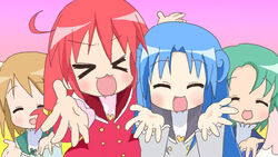  &gt;_&lt; 4girls blue_hair brown_hair closed_eyes fine_(futagohime) fushigiboshi_no_futago_hime fushigiboshi_no_futago_hime_gyu green_hair lucky_star miruro_(futagohime) motteke!_serafuku multiple_girls painttool_sai_(medium) parody red_hair rein_(futagohime) sakuramori_sumomo sophie_(futagohime) 