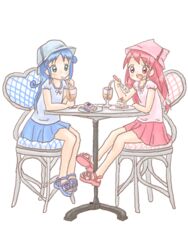  2girls blue_hair cake casual chair eating fine_(futagohime) food fushigiboshi_no_futago_hime glass hat ichigo_mashimaro long_hair low-tied_long_hair multiple_girls parody pastry red_hair rein_(futagohime) sakuramori_sumomo sandals sitting skirt table 