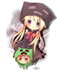  2girls :&lt; blonde_hair bow commentary_request creeparka creeper enderman hood hoodie minecraft multiple_girls personification purple_eyes red_eyes red_hair tosura-ayato 