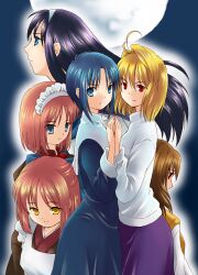  6+girls ahoge apron arcueid_brunestud blonde_hair blue_hair breast_press breasts ciel_(tsukihime) commentary_request full_moon habit hairband hisui_(tsukihime) kohaku_(tsukihime) long_hair long_skirt maid maid_headdress medium_breasts moon multiple_girls nun photoshop_(medium) pikakoya purple_skirt red_eyes red_hair school_uniform short_hair skirt sweater symmetrical_docking symmetrical_hand_pose tohno_akiha tsukihime turtleneck twintails white_hairband yumizuka_satsuki 