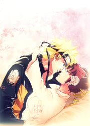  1boy blonde_hair blue_eyes brown_eyes brown_hair double_bun eye_contact female flower forehead_protector hair_flower hair_ornament highres incipient_kiss iviscond looking_at_another naruto tenten uzumaki_naruto 