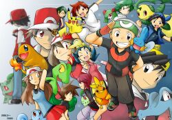  alternate_costume bandana baseball_cap bayleef black_hair blue_oak brendan_(pokemon) bulbasaur character_request charmander chikorita cyndaquil dual_persona eevee ethan_(pokemon) hat kirlia kris_(pokemon) leaf_(pokemon) may_(pokemon) mudkip multiple_boys multiple_girls open_mouth pikachu pokemon pokemon_(creature) pokemon_frlg pokemon_gsc pokemon_rgby pokemon_rse red_(pokemon) silver_(pokemon) squirtle starter_pokemon_trio teppo torchic totodile treecko wally_(pokemon) 