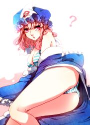  ? ass bad_id bad_pixiv_id blue_dress bra dress female fusuma_(not_found) hat highres lingerie lying off_shoulder on_side open_clothes open_dress open_mouth panties pink_eyes pink_hair saigyouji_yuyuko solo striped_bra striped_clothes striped_panties touhou underwear veil 