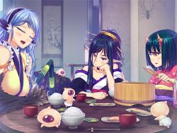  3girls arachne aranye arthropod_girl black_hair blue_hair blush breasts bubuzuke cyclops feathered_wings feathers food game_cg hair_ornament harpy horns indoors japanese_clothes large_breasts long_hair looking_at_viewer mamono_musume-tachi_to_no_rakuen_~kumo_to_tori_to_hitotsume_to~ mamonomusume_to_no_seikatsu monster_girl multiple_girls one-eyed oni_horns open_mouth pointy_ears rupyua short_hair spider_girl suiku table taur winged_arms wings 