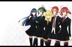  5girls aoki_reika aoki_shizumi bad_id bad_pixiv_id black_legwear blazer blonde_hair blue_eyes blue_hair bow eyelashes formal green_eyes green_hair green_necktie group_picture hairband hairbow high_ponytail highres hino_akane_(smile_precure!) hoshizora_miyuki jacket letterboxed long_hair midorikawa_nao multiple_girls necktie one_eye_closed pink_eyes pink_hair pink_necktie ponytail precure rainbow_order red_eyes red_hair school_uniform short_hair short_twintails skirt smile smile_precure suit thighhighs twintails white_background white_hairband yayoi_kise yellow_eyes 