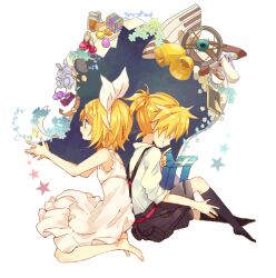  1boy 4_(nakajima4423) bad_id bad_pixiv_id barefoot bell blonde_hair blue_eyes brother_and_sister cup dress female finger_to_mouth from_side hair_ornament hairband hairclip kagamine_len kagamine_rin plate rubik&#039;s_cube shorts siblings socks stuffed_animal stuffed_rabbit stuffed_toy teacup twins vocaloid watch wristwatch 