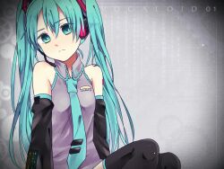  aqua_eyes aqua_hair bad_id bad_pixiv_id bare_shoulders binary detached_sleeves female frown hatsune_miku headset long_hair looking_at_viewer makura_(sheepstar49) necktie solo thighhighs twintails vocaloid 