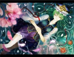  afloat bad_id bad_pixiv_id cherry_blossoms closed_eyes female flower flower_on_liquid glowing glowing_petals green_hair hat letterboxed lying on_back own_hands_clasped own_hands_together partially_submerged petals petals_on_liquid photoshop_(medium) pink_flower red_flower ripples shiki_eiki short_hair skirt smile solo spider_lily touhou urabe_michiru water 