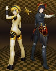  2girls absurdres aegis aegis_(persona) atlus black_hair blonde_hair elenab ereka green_eyes highres mecha_musume metis multiple_girls persona persona_3 red_eyes short_hair 