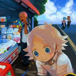  4boys bad_id bad_pixiv_id bicycle blue_eyes blue_hair brown_hair bug dragonfly endou_mamoru fubuki_shirou headband hubutyan inazuma_eleven inazuma_eleven_(series) kazemaru_ichirouta multiple_boys open_mouth pink_hair short_hair smile someoka_ryuugo white_hair 