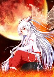  bad_id bad_pixiv_id bow female fujiwara_no_mokou full_moon grass hair_ribbon hairbow highres long_hair moon pants red_eyes red_moon ribbon rock shirt sitting sitting_on_rock solo suspenders touhou umxzo very_long_hair white_hair wings 