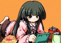  bad_id bad_pixiv_id barefoot blush can eating female food green_eyes green_hair handheld_game_console houraisan_kaguya long_hair lying nintendo_3ds on_stomach photoshop_(medium) playing_games pocky solo stylus suzu_(suzuko) touhou 