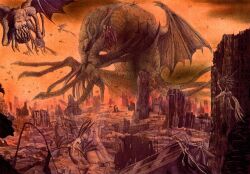  absurdres apocalypse city cityscape cloud commentary_request cthulhu cthulhu_mythos dust flying highres hiyokemusi monochrome monster no_humans red_sky red_theme ruins sky tentacle wings 