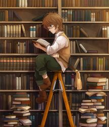  1boy bad_id bad_pixiv_id blue_eyes book book_focus book_stack bookshelf boots brown_hair duster glasses harukaze_(tomato123) holding holding_book ladder male_focus open_book original photoshop_(medium) reading sitting solo too_many too_many_books 