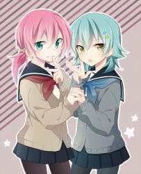  2boys :o androgynous aqua_eyes aqua_hair bad_id bad_pixiv_id cardigan crossdressing diagonal_stripes finger_to_mouth food fruit hair_ornament hairclip holding_hands inazuma_eleven_(series) inazuma_eleven_go izumi39 kariya_masaki kirino_ranmaru male_focus multiple_boys otoko_no_ko pantyhose pink_hair school_uniform serafuku skirt star_(symbol) strawberry striped twintails yellow_eyes 