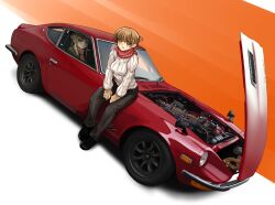  2girls afukuro bad_id bad_pixiv_id car datsun_240z dutch_angle engine folded_ponytail hat highres motor_vehicle multiple_girls nissan nissan_fairlady_z on_vehicle open_hood red_scarf ribbed_sweater scarf sitting sports_car sweater vehicle_focus 