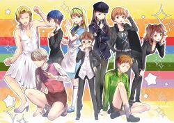  4boys 5girls adjusting_eyewear alice_(alice_in_wonderland) alice_(alice_in_wonderland)_(cosplay) alice_in_wonderland amagi_yukiko annoyed apron bad_id bad_pixiv_id belt bent_over bike_shorts black_eyes black_hair blonde_hair blue_eyes blue_hair blush breasts brown_eyes brown_hair bullet cabbie_hat cleavage clenched_hands closed_eyes collared_shirt cosplay costume_switch crossdressing curly_hair doujima_nanako doujima_nanako_(cosplay) dress earrings embarrassed everyone glasses green_shirt grey_eyes grey_hair hairband hanamura_yousuke hand_on_own_hip hat headphones headphones_around_neck high_heels houndstooth jacket jacket_on_shoulders jewelry jolly_roger kneehighs kujikawa_rise kujikawa_rise_(cosplay) kuma_(persona_4) lipstick long_hair looking_at_viewer looking_away loose_clothes loose_shirt makeup marilyn_monroe marilyn_monroe_(cosplay) medium_breasts mikou_(toromappo) multiple_boys multiple_girls muscular narukami_yuu narukami_yuu_(cosplay) open_mouth otoko_no_ko pants persona persona_4 pointing profile rainbow salute satonaka_chie scar school_uniform serafuku serious shirogane_naoto shirogane_naoto_(cosplay) shirt shoes short_hair sitting skirt small_breasts smile socks squatting standing star_(symbol) straight_hair sweatdrop sweater sweater_vest tatsumi_kanji tatsumi_kanji_(cosplay) track_jacket turtleneck twintails v wavy_hair wig zipper 