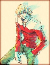  1boy bad_id bad_pixiv_id barnaby_brooks_jr. blonde_hair blue_eyes faux_traditional_media glasses hand_in_pocket iduki_daku jacket male_focus red_jacket solo tiger_&amp;_bunny vignetting 