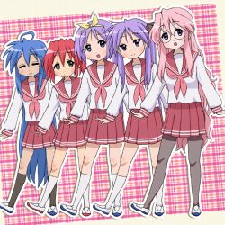  5girls bad_id bad_pixiv_id hiiragi_kagami hiiragi_tsukasa izumi_konata k-on! kobayakawa_yutaka long_hair lucky_star mole mole_under_eye multiple_girls namihebi_(shirohebi) neckerchief pantyhose parody purple_hair red_neckerchief ryouou_school_uniform school_uniform serafuku short_hair siblings sisters style_parody takara_miyuki twins twintails 