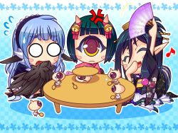  3girls anger_vein arachne aranye arthropod_girl black_hair blue_eyes blue_hair blush bubuzuke chibi cyclops feathered_wings feathers game_cg harpy horns japanese_clothes long_hair mamono_musume-tachi_to_no_rakuen_~kumo_to_tori_to_hitotsume_to~ mamonomusume_to_no_seikatsu monster_girl multiple_girls o_o one-eyed oni_horns open_mouth rupyua short_hair smile spider_girl suiku taur winged_arms wings 