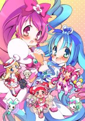  5girls animal arms_up ashita_no_nadja blonde_hair blue_eyes blue_hair blush boots bow candy_(smile_precure!) chocolat_(ashita_no_nadja) chypre_(heartcatch_precure!) coffret_(heartcatch_precure!) commentary_request company_connection cream_(ashita_no_nadja) cure_blossom cure_happy cure_marine dodo_(ojamajo_doremi) double_bun gradient_background hair_bun hairbow hanasaki_tsubomi happy harukaze_doremi hat heartcatch_precure! high_ponytail hoshizora_miyuki in-franchise_crossover knee_boots kurumi_erika lion long_hair low_twintails magical_girl multiple_girls nadja_applefield ojamajo_doremi pink_background pink_bow pink_eyes pink_hair pink_hat ponytail precure sakurato_arusu short_hair skirt smile_precure toei_animation twintails wrist_cuffs yellow_background 