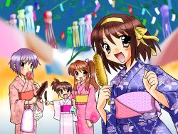  4girls asahina_mikuru bag bagged_fish blue_kimono blush bow brown_hair c-chaos candy_apple chocolate_banana corn cotton_candy eating festival fish floral_print food fukinagashi goldfish hair_bobbles hair_ornament hair_ribbon hairbow highres ikayaki japanese_clothes kimono kyon&#039;s_sister long_hair multiple_girls nagato_yuki no_nose obi open_mouth pink_kimono ponytail print_kimono purple_hair ribbon sash short_hair squid suzumiya_haruhi suzumiya_haruhi_no_yuuutsu tanabata tanzaku white_kimono yukata 