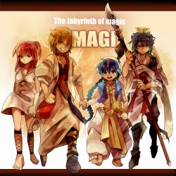  3boys :d aladdin_(magi) ali_baba_saluja bad_id bad_pixiv_id barefoot black_hair blonde_hair blue_eyes blue_hair chinese_clothes copyright_name earrings female grin guan_dao hair_ornament hanfu holding holding_hands jewelry magi_the_labyrinth_of_magic morgiana multiple_boys necklace one_side_up open_mouth polearm r04315 red_eyes red_hair ren_hakuryuu smile turban walking weapon yellow_eyes 