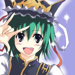  \m/ blush commentary_request female green_hair hat kotaka looking_at_viewer macross macross_frontier no_nose open_mouth parody pose ribbon seikan_hikou shiki_eiki solo touhou 