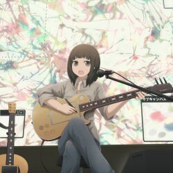  brown_eyes brown_hair commentary crossed_legs denim drawing female guitar highres instrument jeans microphone music open_mouth original pants pen screen shirt short_hair singing sitting sleeves_rolled_up solo yajirushi_(chanoma) 