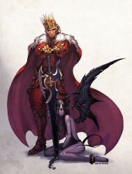  1boy bad_id bad_pixiv_id barefoot blonde_hair blue_eyes bondage bondage bound cape chains colored_skin crown demon_girl demon_tail demon_wings female height_difference horns huge_weapon long_hair looking_at_viewer morry original photoshop_(medium) pointed_crown purple_skin red_crown signature sitting slave standing straight sword tail wariza weapon wings yellow_eyes 