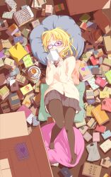  ;) blonde_hair book book_stack box brown_pantyhose cardboard_box commentary_request covering_own_mouth cup female glasses highres holding holding_book looking_at_viewer lying no_shoes on_back one_eye_closed open_book original pantyhose pile_of_books pillow plate purple-framed_eyewear purple_eyes rokuno school_uniform skirt smile solo tea teacup too_many too_many_books 