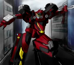  against_wall arm_support building cb-01_ace city commentary_request guard_rail horns mecha no_humans on_one_knee road robot single_horn solo street super_sentai sword tokumei_sentai_go-busters traffic_barrier vanishing_point waishou_(fusuma) weapon 