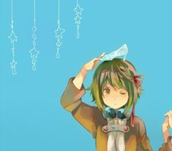  bad_id bad_pixiv_id blue_background female footwear_on_head glass_slipper goggles goggles_around_neck green_hair gumi hair_ribbon high_heels object_on_head one_eye_closed ousaka_nozomi ribbon shoes short_hair simple_background solo star_(symbol) unworn_shoes upper_body vocaloid yellow_eyes 