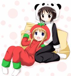  2girls animal_costume black_hair blonde_hair blue_eyes blush brown_eyes commentary_request funami_yui koba-p multiple_girls open_mouth pajamas panda_costume pillow smile socks tomato_costume toshinou_kyouko yuru_yuri 