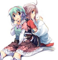  2girls ahoge back-to-back baozi between_legs blue_eyes blush commentary_request dress drooling eating food green_hair hair_ribbon hand_between_legs holding hungry kohaku_(rune_factory) kuwashima_rein long_hair multiple_girls purple_hair ribbon rune_factory rune_factory_4 saliva shoes short_hair simple_background sitting white_background xiao_pai 