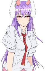  absurdres animal_ears bad_id bad_pixiv_id colorized female highres light_smile long_hair looking_at_viewer minato18 necktie puffy_sleeves purple_hair rabbit_ears red_eyes reisen_udongein_inaba shirt short_sleeves smile solo touhou white_background white_shirt 