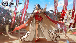  architecture azur_lane bare_shoulders black_hair blue_eyes breasts cleavage colosseum crown detached_sleeves dress female full_body greco-roman_architecture hair_ornament heterochromia highres holding holding_staff kuga_huna large_breasts long_hair mini_crown official_art open_mouth outdoors real_world_location red_footwear robe roma_(azur_lane) staff standing thigh_strap yellow_eyes 