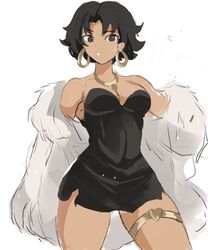  :o betty_boop betty_boop_(series) black_dress black_eyes breasts coat dress earrings female fur_coat gold_earrings gold_necklace heart heart_necklace highres hoop_earrings jewelry medium_breasts messy_hair necklace rakeemspoon short_hair solo tan thighlet white_background white_coat white_fur 