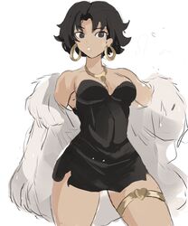  :o betty_boop betty_boop_(series) black_dress black_eyes breasts coat dress earrings female fur_coat gold_earrings gold_necklace heart heart_necklace highres hoop_earrings jewelry medium_breasts messy_hair necklace rakeemspoon short_hair solo thighlet white_background white_coat white_fur 