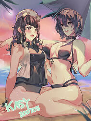  2girls bikini breast_press breasts choker cosplay crying dungeon_and_fighter earrings female_crusader_(dungeon_and_fighter) female_priest_(dungeon_and_fighter) grass hand_on_another&#039;s_shoulder hat jewelry kasy korean_commentary mistress_(dungeon_and_fighter) multiple_girls open_mouth sand sitting swimsuit symmetrical_docking teeth umbrella water wet 