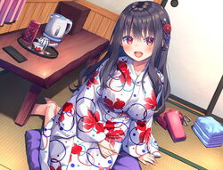  :d animal_print arm_support asa_no_ha_(awayuki) barefoot black_hair blush breasts cushion dutch_angle female fish_print flower hair_flower hair_ornament holding indoors japanese_clothes kimono large_breasts long_hair looking_at_viewer mimikaki mimikaki_rifure official_art on_floor open_mouth red_eyes rindou_(mimikaki_rifure) side_handle_teapot sitting smile solo table tatami teapot teeth tray upper_teeth_only yokozuwari zabuton 