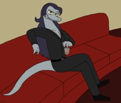  anthro bent_legs beverage clothed clothing crossed_legs disney furniture grey_body grovylefangirl1997 hair leg_over_thigh lizard looking_at_viewer male missing_finger reptile scalie sitting smile sofa solo star_vs._the_forces_of_evil toffee_(svtfoe) yellow_eyes 