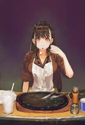  apron brown_hair commentary_request drink drinking_straw female food fork glutton highres jun_(navigavi) orange_eyes original plate 